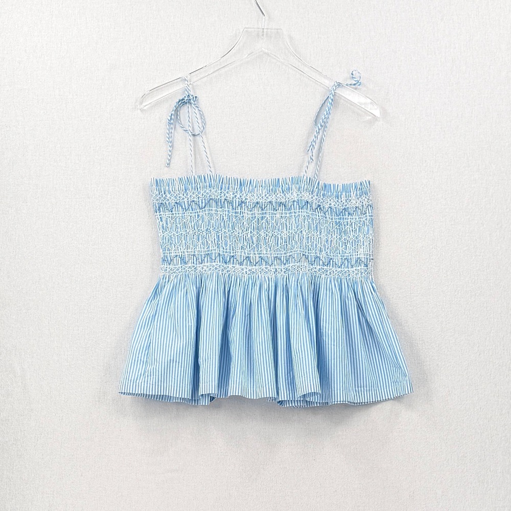 J CREW Paloma Smocked Tank Top Womens Medium Blue White Stripe Tie Shoulder NEW - Picture 5 of 15